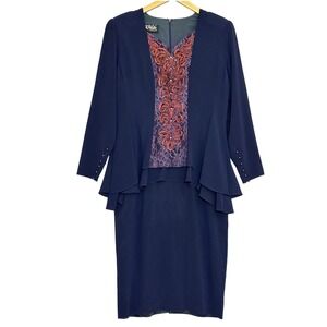 VTG 90s Ursula of Switzerland Womens Dress 14 Navy Blue Lace Ruffle Retro Event